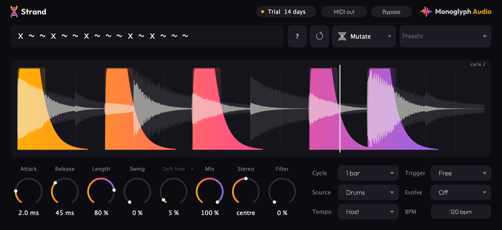 Strand's editor: a drum loop folded onto one bar under a clave gate pattern